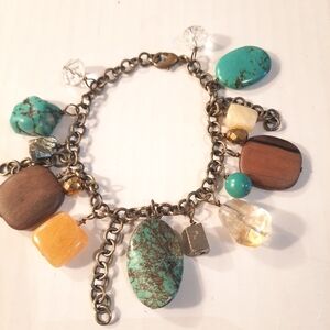 Turquoise ,cristals Yello Citrine Wood Clear Quarts and Brown Charm Bracelet